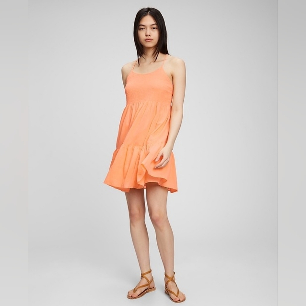 GAP Smocked Tiered Cotton Mini Dress In Orange Coral Sz XXL NWT Summer Sundress